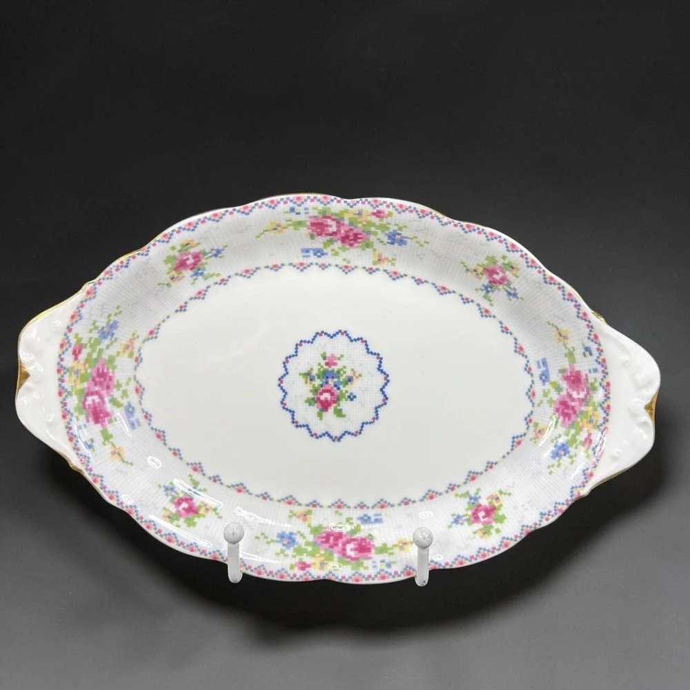 Royal Albert Petit Point China Oval Serving Platter Floral Gold Trim England 10